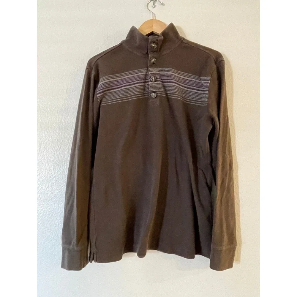 Banana Republic‎ Half Button Pullover Sweater Size L Brown Stripe Turtleneck